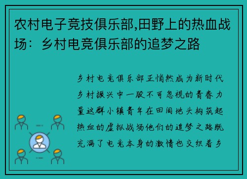 农村电子竞技俱乐部,田野上的热血战场：乡村电竞俱乐部的追梦之路